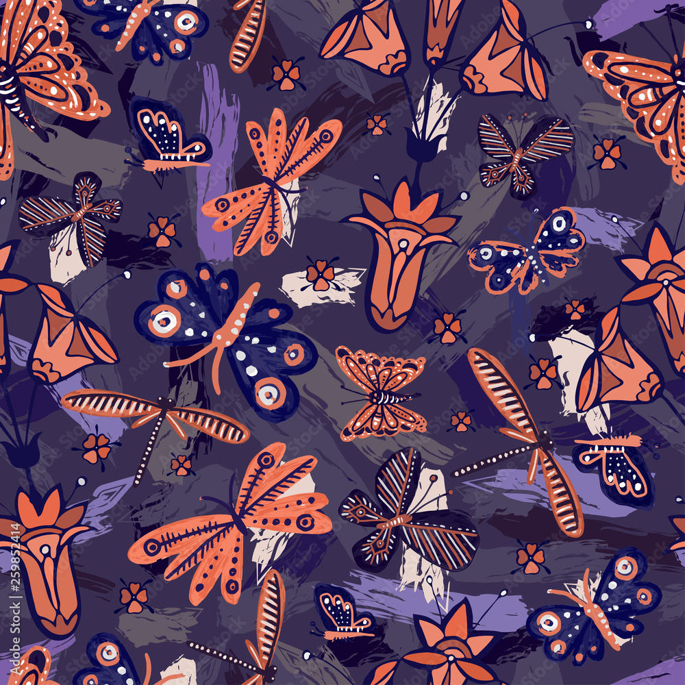 Seamless colorful design with flowers and with butterflies Seamless colorful design with flowers and with butterflies