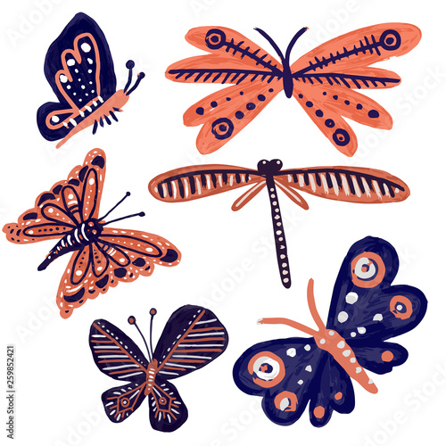 Set of isolated designs with colorful funny butterflies on white background.