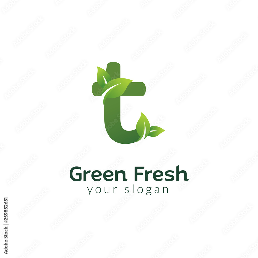 Eco green letter T logo design template. Green alphabet vector design with green and fresh leaf illustration. Eco green letter T logo design template. Green alphabet vector design with green and fresh leaf illustration.