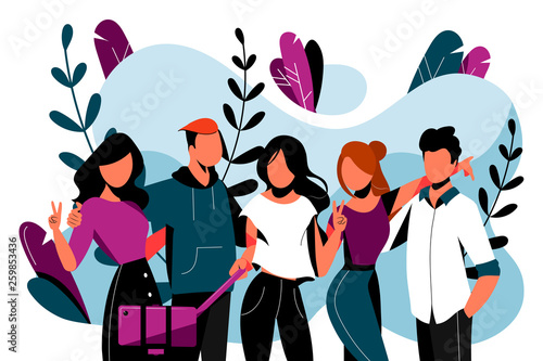 Five happy friends make selfie photo. Friendship vector flat illustration. Young people have a fun event together