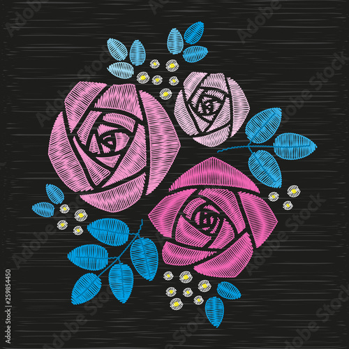 Embroidery delicate applique. Bouquet of pink roses in pastel colors. Black embroidered background. Vector illustration.