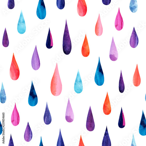 Seamless pattern with watercolor rainbow raindrops on white background. Multicolored hand drawn drops. Fashion abstract textile. Trendy vector illustration.