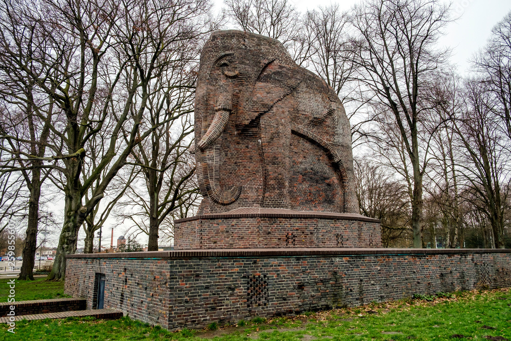A brick elephant, a monument dedicated to the struggle for human rights and against apartheid (inscription in german), in the park of Nelson Mandela. Bremen, Germany. March 2019