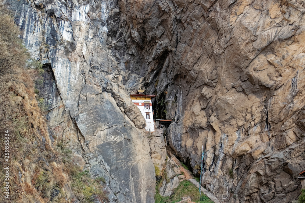 Bhutan, Asia – Buddhist monastery on a steep rock.