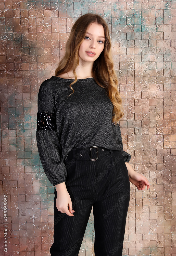 Business woman in pants and shirt on brick wall background. Office and business style. Studio photo. Business woman in pants and shirt on brick wall background. Office and business style. Studio photo.