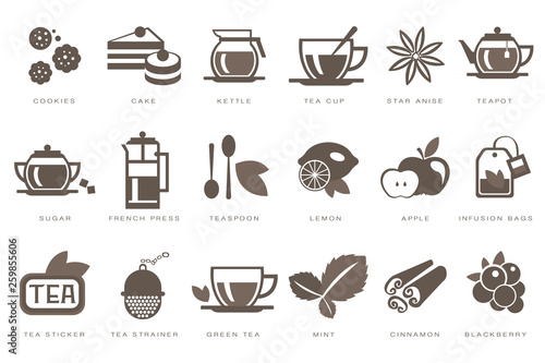 Tea time linear icons set, cookie, cake, kettle, cup, sugar, french press, teaspoon, lemon, apple, infusion bag, strainer black vector Illustrations