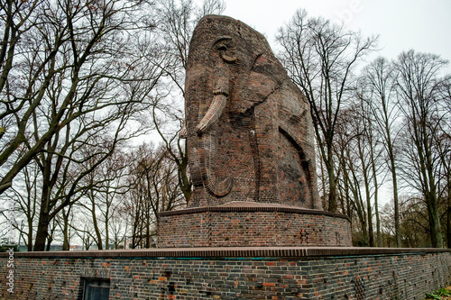A brick elephant, a monument dedicated to the struggle for human rights and against apartheid (inscription in german), in the park of Nelson Mandela. Bremen, Germany. March 2019