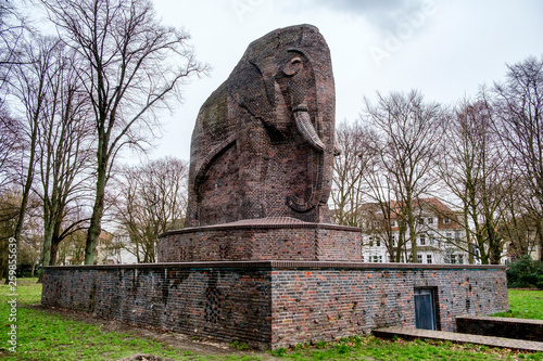 A brick elephant, a monument dedicated to the struggle for human rights and against apartheid (inscription in german), in the park of Nelson Mandela. Bremen, Germany. March 2019