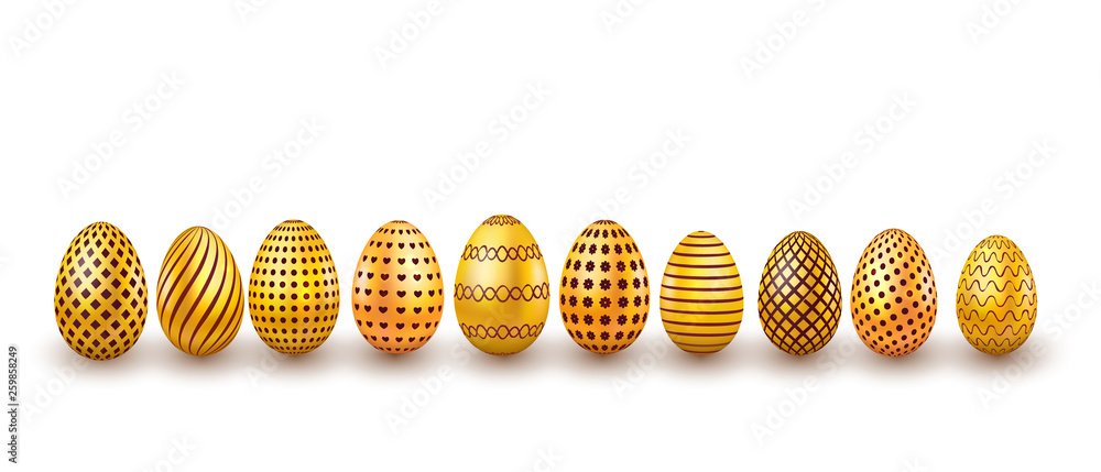 Fototapeta premium Gold Easter eggs set. 3d realistic egg design isolated on white background. Vector illustration