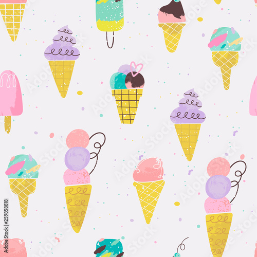 Various tasty ice cream and confetti. Hand drawn vector seamless pattern. Watercolor style. Stamp texture. Colored trendy illustration. Flat design