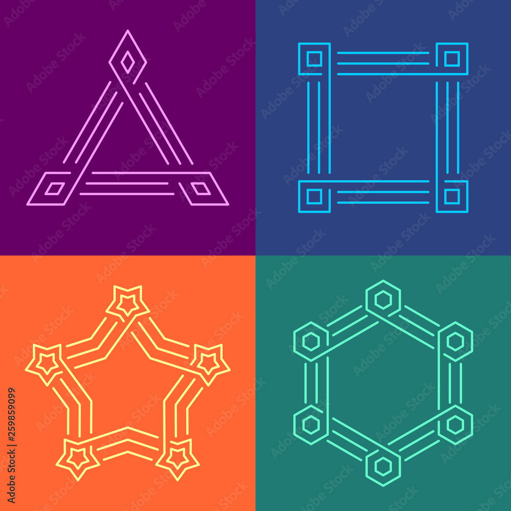 Fototapeta premium Creative geometric style linear frames set. Different color geometric shapes cornered frames with triple line borders.