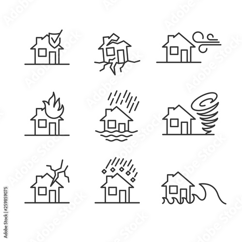 Natural disasters line style symbols. Accidents with house icons set.
