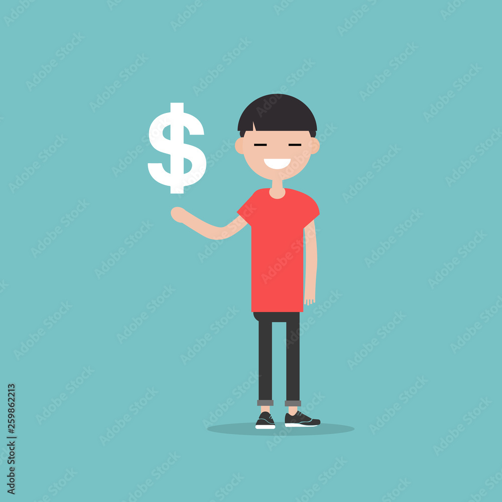 Young character with an imaginary sign dollar.Space for your text.Flat cartoon design Young character with an imaginary sign dollar.Space for your text.Flat cartoon design