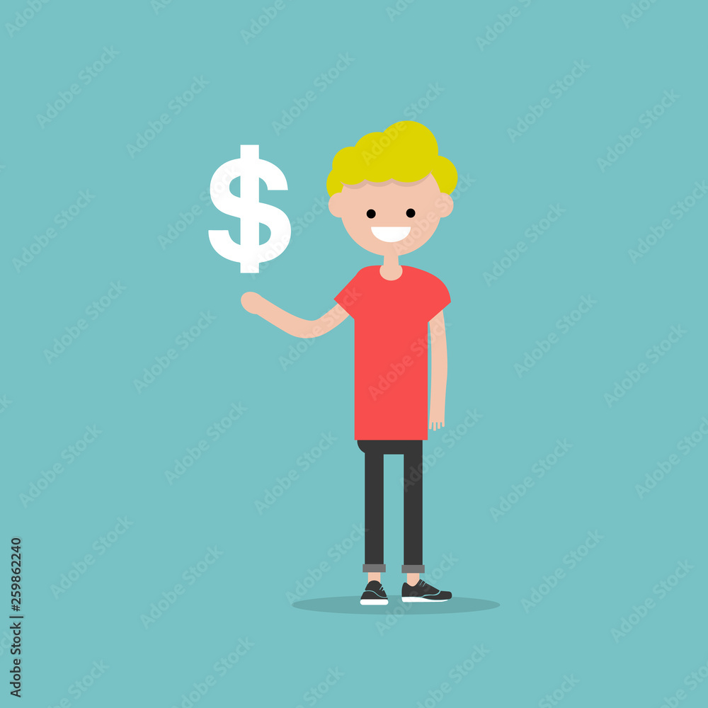 Young character with an imaginary sign dollar.Space for your text.Flat cartoon design Young character with an imaginary sign dollar.Space for your text.Flat cartoon design