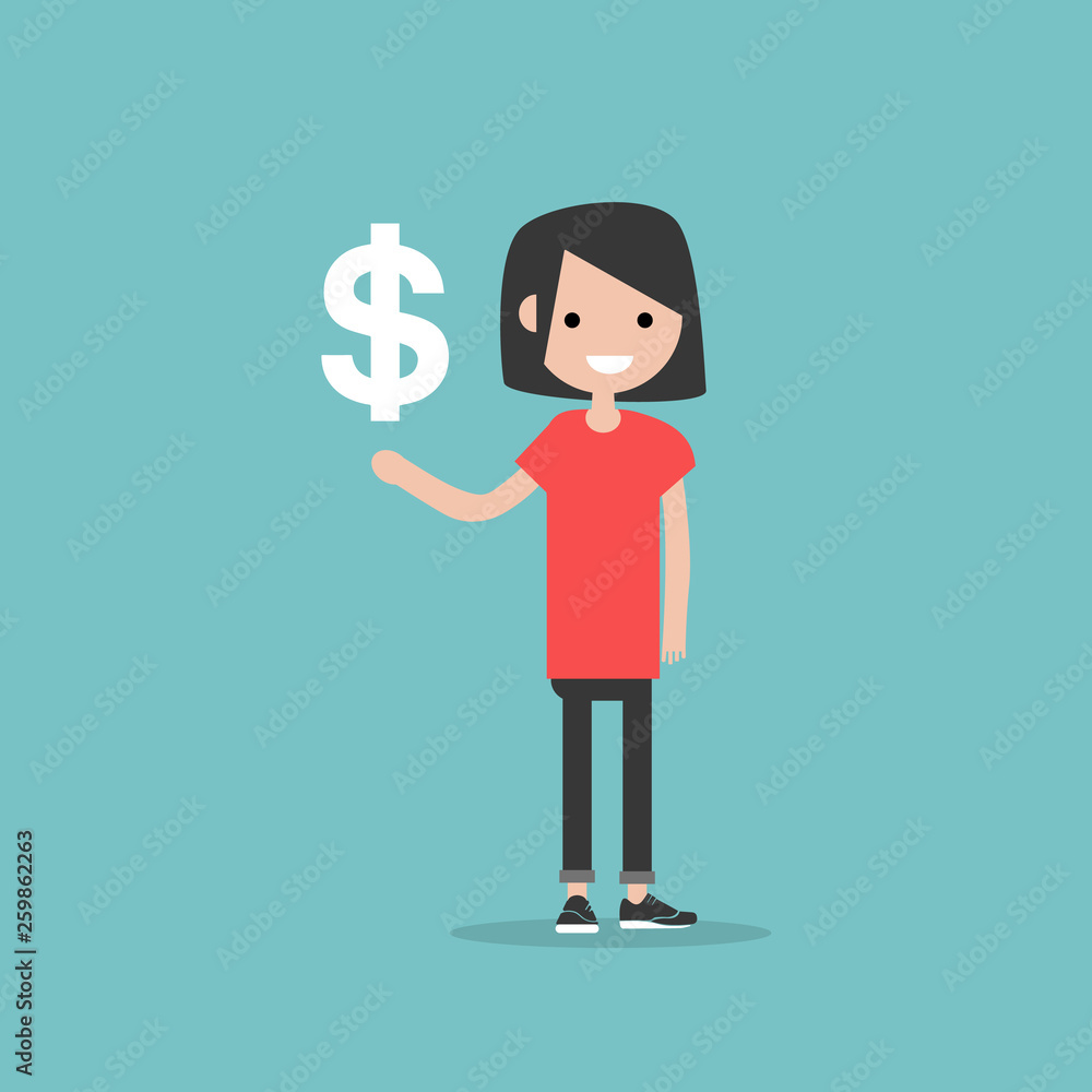 Young character with an imaginary sign dollar.Space for your text.Flat cartoon design Young character with an imaginary sign dollar.Space for your text.Flat cartoon design
