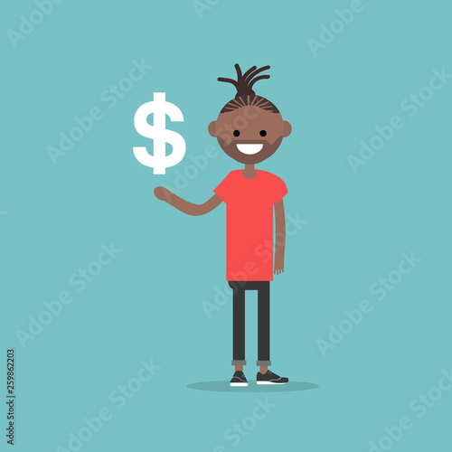 Young character with an imaginary sign dollar.Space for your text.Flat cartoon design