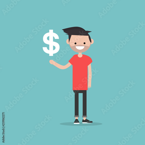 Young character with an imaginary sign dollar.Space for your text.Flat cartoon design