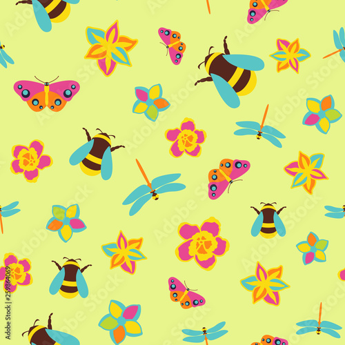 Spring and summer botanic vector seamless pattern. Insects spring wallpaper with flowers © bogushenkova