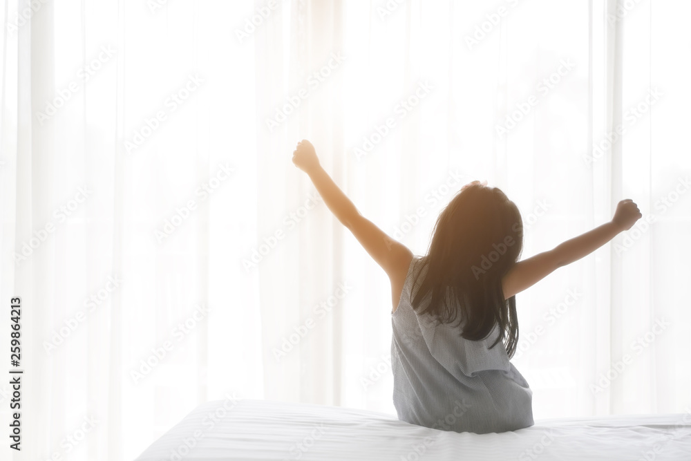custom made wallpaper toronto digitalAsian child relax or kid girl wake up or woke up with stretch oneself after sleep for refreshing in morning on white bed and window with curtain in bedroom at home or hotel resort on holiday and warm
