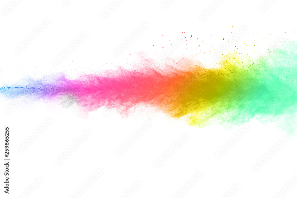 Obraz premium abstract powder splatted background. Colorful powder explosion on white background. Colored cloud. Colorful dust explode. Paint Holi.