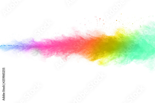 abstract powder splatted background. Colorful powder explosion on white background. Colored cloud. Colorful dust explode. Paint Holi.