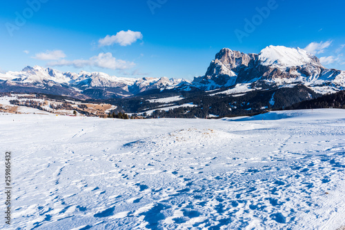Fototapeta Naklejka Na Ścianę i Meble -  Dream atmosphere and views. Winter on the Alpe di Siusi, Dolomites. Italy