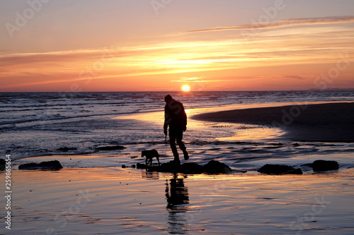 unrecognizable man walking with his dog on a deserted beach at sun set