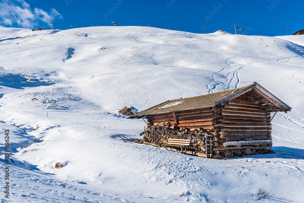 Dream atmosphere and views. Winter on the Alpe di Siusi, Dolomites. Italy