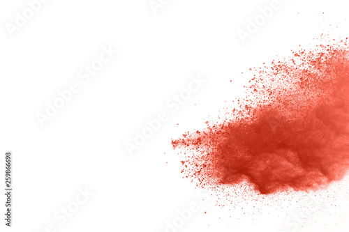 Living coral powder explosion on white background. Colored cloud. Colorful dust explode. Paint Holi.