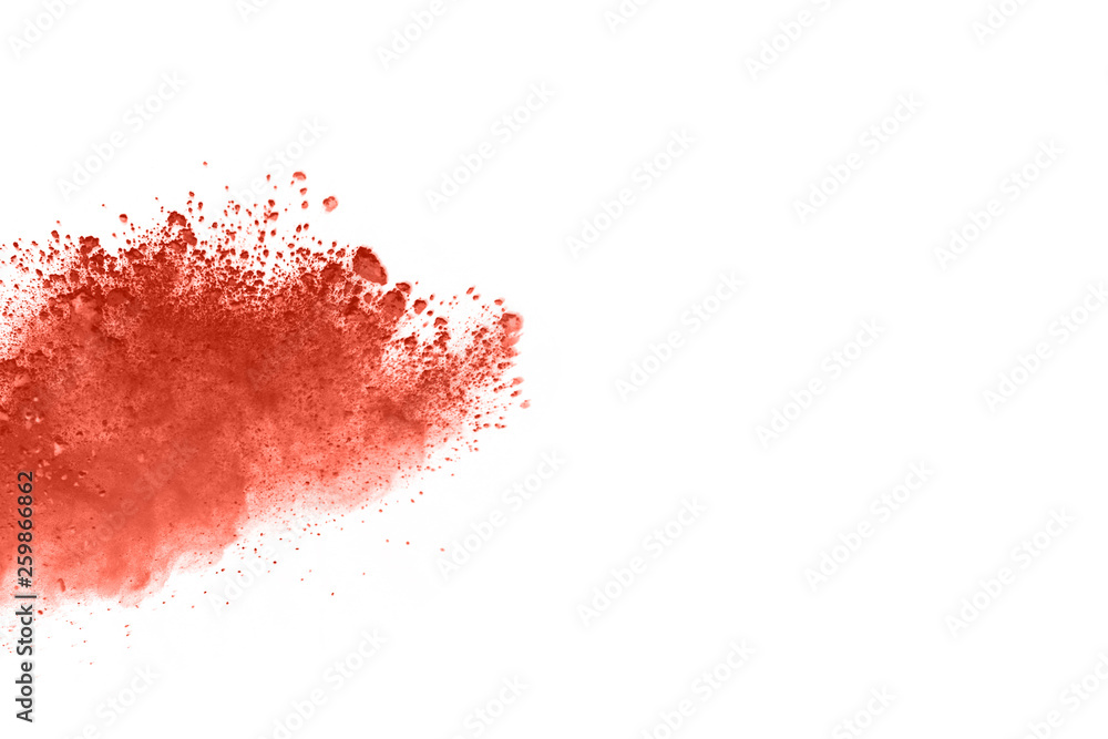 Living coral powder explosion on white background. Colored cloud. Colorful dust explode. Paint Holi.