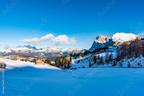 Dream atmosphere and views. Winter on the Alpe di Siusi  Dolomites. Italy