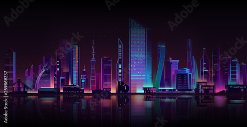 Night city street shrouded in darkness cartoon vector background. Metropolis skyscrapers towers, town buildings illuminated with neon color lights on seashore or bay illustration. Urban architecture photo