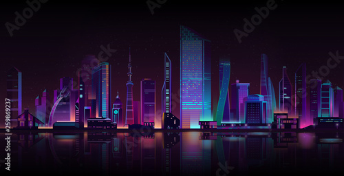 Night city street shrouded in darkness cartoon vector background. Metropolis skyscrapers towers, town buildings illuminated with neon color lights on seashore or bay illustration. Urban architecture