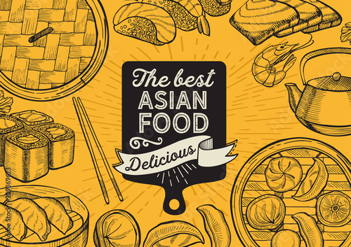 Asian illustrations - sushi, dim sum, noodle, gyoza for chinese restaurant. 