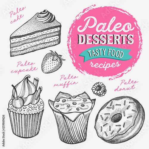 Dessert illustration - cake, donut, croissant, cupcake, muffin for paleo diet