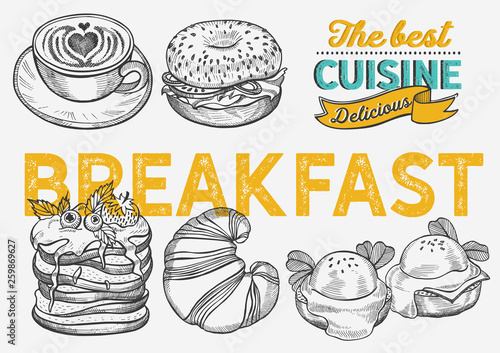 Breakfast and brunch food illustration - bagel, coffee, pancake, egg 