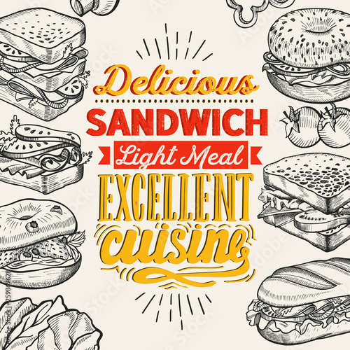 Sandwich illustration - bagel, snack, hamburger for restaurant