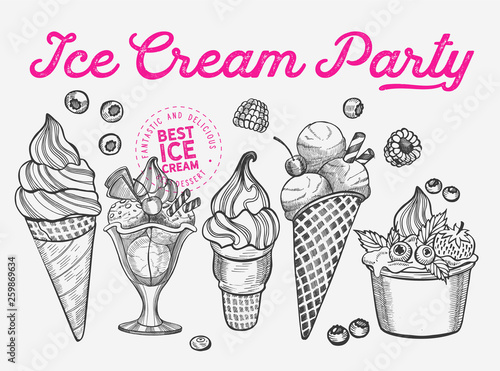 Ice cream illustration for restaurant on vintage background. 