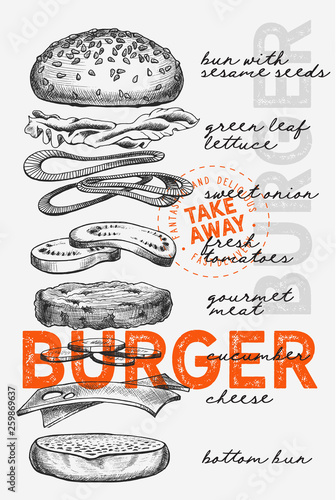 Burger illustration for food restaurant and truck on vintage background. 