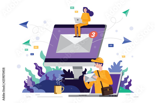 Team working and sending emails on computer screen. Online marketing, Mail service and correspondence delivery concept. flat design vector illustration