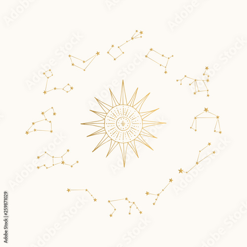 Golden sun and constellations. Gold star design. 