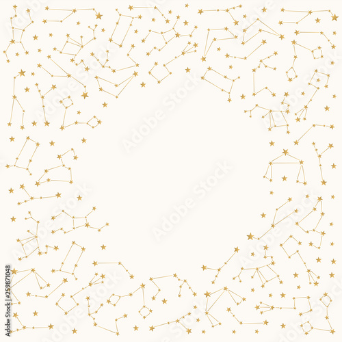 Golden vector frame with star constellation. Glitter borders. Isolated illustration.