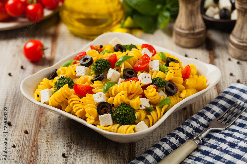 Salad with pasta and feta cheese Salad with pasta and feta cheese