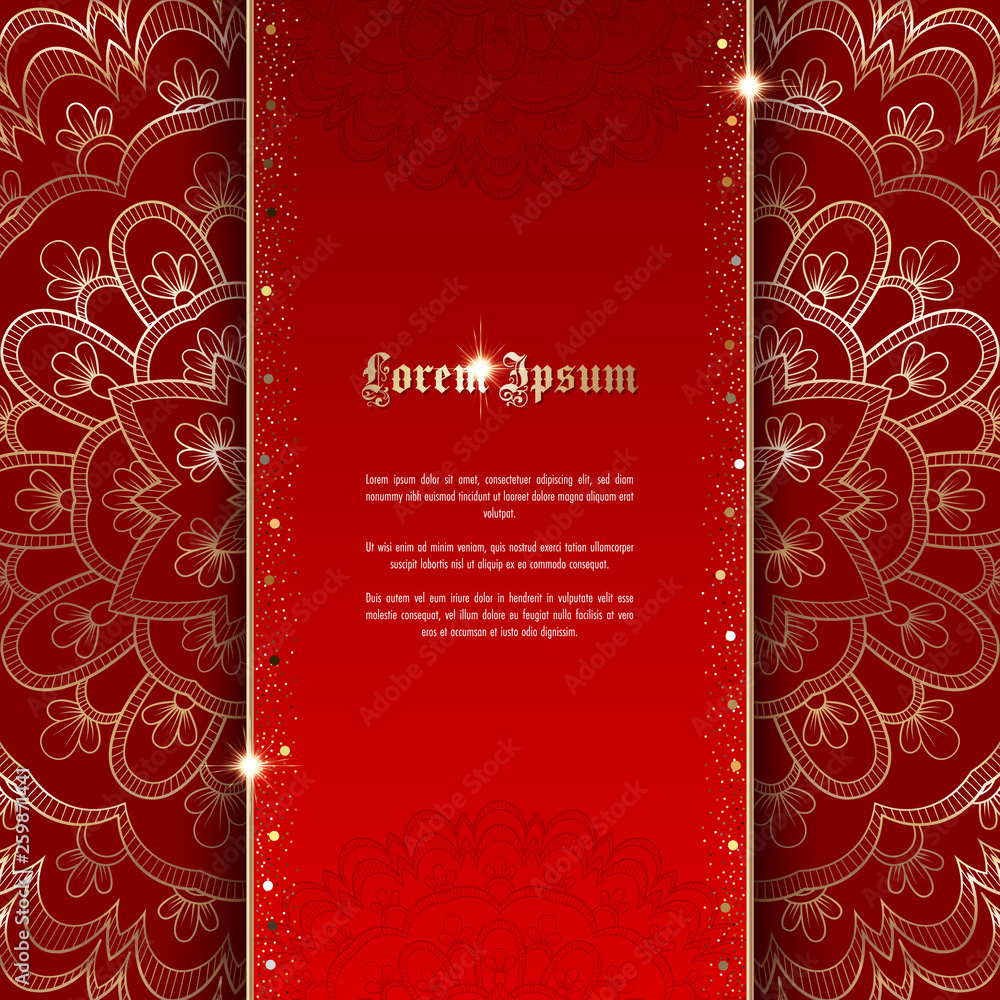 Greeting card or invitation template with golden ornament and confetti. Design for any purposes: wedding, birthday, anniversary or christmas Greeting card or invitation template with golden ornament and confetti. Design for any purposes: wedding, birthday, anniversary or christmas