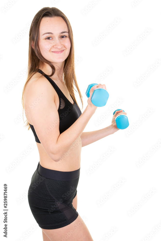Woman young smile with dumbbell fit slim abs body Woman young smile with dumbbell fit slim abs body