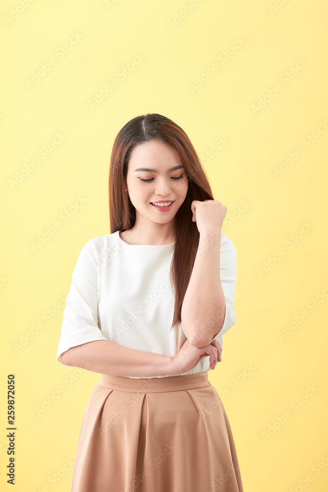 Beautiful Woman touch her health long straight hair care with smile face, asian beauty model Beautiful Woman touch her health long straight hair care with smile face, asian beauty model