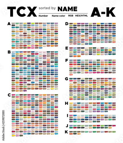 Color table Pantone of the Fashion, Home and Interiors colors sorted by name. Palette with number, named swatches, chart conform to pantone RGB, HTML and HEX description. Test page for print on cotton