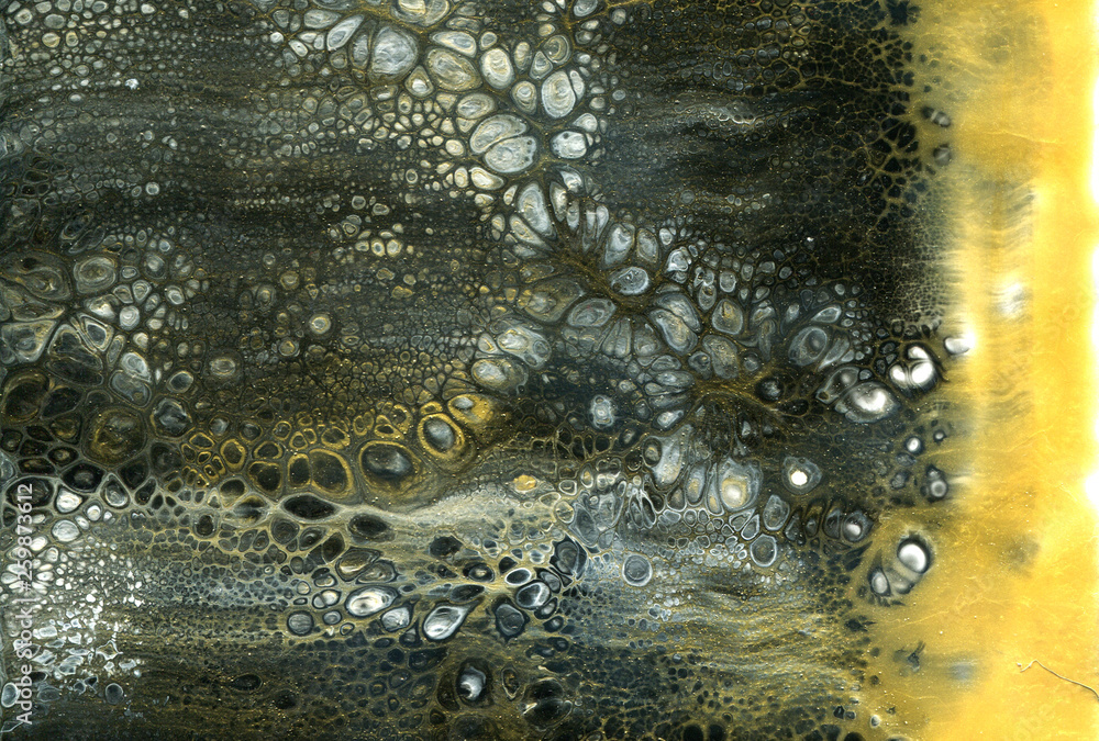 Very beautiful texture background. Black paint flows in gold with the addition of white paint. Style includes curls of marble or agate with bubbles and cells. Natural style. Contemporary art. Very beautiful texture background. Black paint flows in gold with the addition of white paint. Style includes curls of marble or agate with bubbles and cells. Natural style. Contemporary art.
