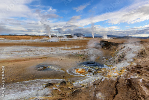 Amazing landscape in the north of Iceland near Lake Myvatn. Panoramic view in myvatn geothermal area. Beautiful landscape in Iceland in an area of active volcanism. photo