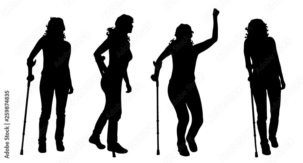 Obraz premium Vector silhouette of woman who walking with crutches on white background. Symbol of injury.